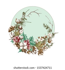 Dibujo botánico a mano de guirnalda con ramas de plantas de Navidad. Estilo de grabado vintage. Decoración tradicional de vacaciones. Para el diseño tarjeta festiva, invitación, afiche, banner. Ilustración del vector