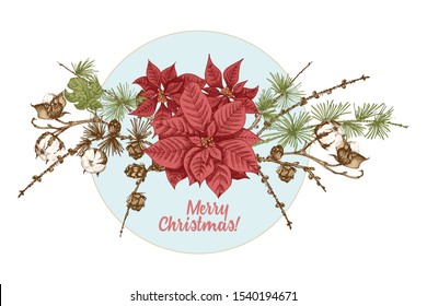 Hand drawn botanical sketch garland with christmas plants branches. Vintage engraving style. Traditional holiday decoration. For design festive card, invitation, poster, banner. Vector illustration