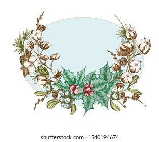 Hand drawn botanical sketch garland with christmas plants branches. Vintage engraving style. Traditional holiday decoration. For design festive card, invitation, poster, banner. Vector illustration