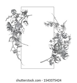 Hand drawn botanical sketch garland with christmas plants Vintage engraving black and white style illustration Traditional holiday decoration. For design festive card, invitation, poster, banner.