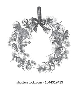Hand drawn botanical sketch garland with christmas plants Vintage engraving black and white style illustration Traditional holiday decoration. For design festive card, invitation, poster, banner.