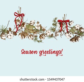 Hand drawn botanical sketch garland with color christmas plants Vintage engraving style illustration For design festive card, invitation, poster, banner. Seamless horizontal holiday pattern