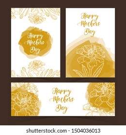 Hand drawn botanical sketch happy Mothers Day card collection, Marigold flowers and leaves