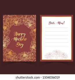 Hand drawn botanical sketch happy Mothers Day card with Marigold golden flowers