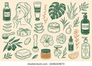 Elementos de rotina de cuidados da pele botânica desenhada à mão para o conceito de tema de beleza e bem-estar orgânico
