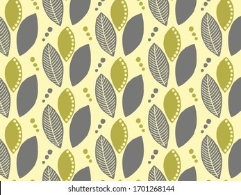Hand drawn botanical surface pattern. Doodle drawing. Flowers and leaves on a yellow background.