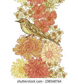 Hand drawn botanical theme vertical seamless border with bird . All objects are conveniently grouped  and are easily editable.