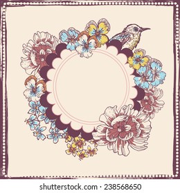 Hand drawn botanical theme vignette with bird . All objects are conveniently grouped  and are easily editable.