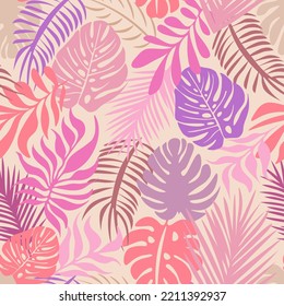 Hand drawn botanical tropical leaves pattern vector illustration in pastel colors. Tropical palm leaves,  foliage, jungle leaves seamless pattern for fashion design, textile, fabric and wallpaper