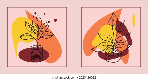 Hand drawn botanical vector art set. Plants contour and abstract shape drawing on a color background.Abstract design for wall decoration, posters, covers, prints and wallpapers. Vector illustratin.