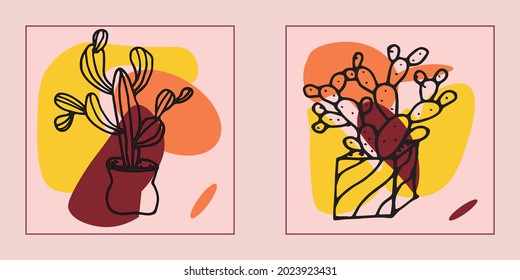 Hand drawn botanical vector art set. Plants contour and abstract shape drawing on a color background.Abstract design for wall decoration, posters, covers, prints and wallpapers. Vector illustratin.