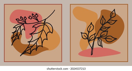 Conjunto de arte de vector botánico dibujado a mano. Los tablillas tienen un contorno y el dibujo abstracto de forma sobre un fondo de color. Diseño abstracto para la decoración de paredes, carteles, cubiertas, impresiones y tapices. Ilustración vectorial.