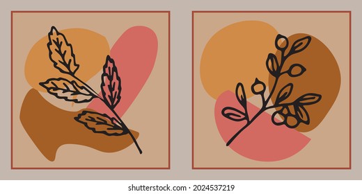 Hand drawn botanical vector art set. Twigs  contour and abstract shape drawing on a color background. Abstract design for wall decoration, posters, covers, prints and wallpapers. Vector illustration.