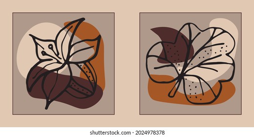 Hand drawn botanical vector art set. Leaves contour and abstract shape drawing on a color background.Abstract design for wall decoration, posters, covers, prints and wallpapers. Vector illustratin.