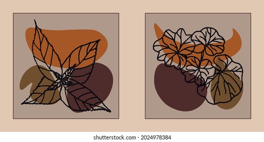Hand drawn botanical vector art set. Leaves contour and abstract shape drawing on a color background.Abstract design for wall decoration, posters, covers, prints and wallpapers. Vector illustratin.