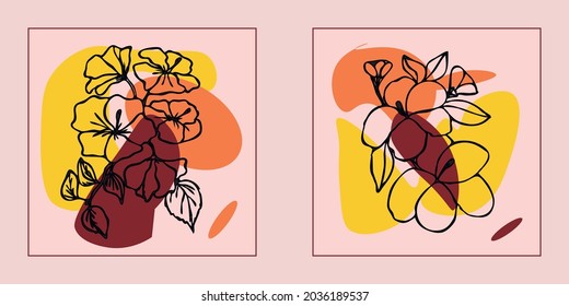 Hand drawn botanical vector art set. Plants contour and abstract shape drawing on a color background.Abstract design for wall decoration, posters, covers, prints and wallpapers. Vector illustratin.