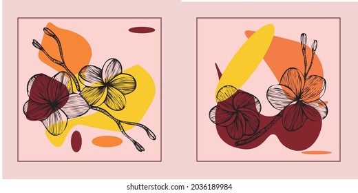 Hand drawn botanical vector art set. Frangipani contour and abstract shape drawing on a color background. Abstract design for wall decoration, posters, covers and wallpapers. Vector illustration.