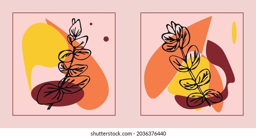 Hand drawn botanical vector art set. Eucalyptus contour and abstract shape drawing on a color background. Abstract design for wall decoration, posters, covers, prints and wallpapers. Vector illustrati