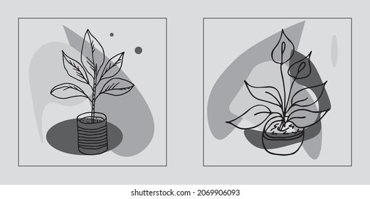 Hand drawn botanical vector art set. Plants contour and abstract shape. Abstract design for wall decoration, posters, covers, prints and wallpapers. Vector illustratin.