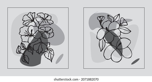 Hand drawn botanical vector art set. Plants contour and abstract shape drawing. Abstract design for wall decoration, posters, covers, prints and wallpapers. Vector illustratin.