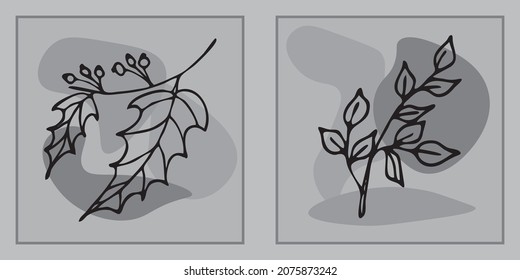 Conjunto de arte de vector botánico dibujado a mano. El contorno de las pelucas y la forma abstracta. Diseño abstracto para la decoración de paredes, afiche, cubierta, papel impreso y tapiz. 