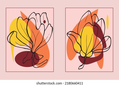 Handgezeichnete botanische Vektorgrafik-Set. Magnolische Kontur und abstrakte Formzeichnung auf Farbhintergrund.Abstraktes Design für Wanddekoration, Poster, Bezüge, Drucke und Tapeten. Vektorgrafik.