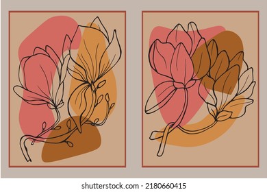Hand drawn botanical vector art set. Magnolia contour and abstract shape drawing on a color background. Abstract design for wall decoration, poster, covers, prints and wallpapers. Vector illustration.