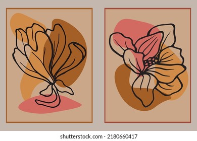 Hand drawn botanical vector art set. Magnolia contour and abstract shape drawing on a color background. Abstract design for wall decoration, poster, covers, prints and wallpapers. Vector illustration.