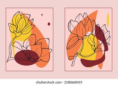 Hand drawn botanical vector art set. Magnolia contour and abstract shape drawing on a color background.Abstract design for wall decoration, posters, covers, prints and wallpapers. Vector illustratin.