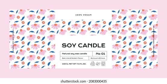 Hand drawn botanical vector cosmetics label design template for soy candle