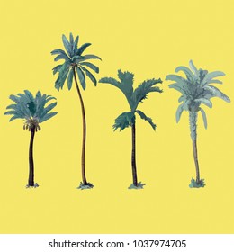 Hand drawn botanical vector illustration with palm trees. Isolated on yellow background.