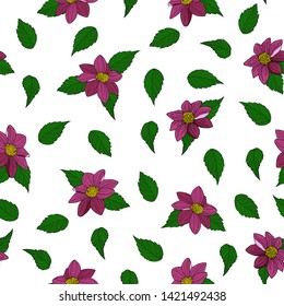 Hand drawn botanical vector illustration. Vintage vector seamless pattern with dahlia flowers and leaves. Floral pattern.
