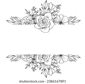Hand drawn Botanical vector illustration. Black and white flower bouquet, floral sketch