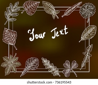 Hand drawn botanical vector illustration with leaves. Template design banner for fall season with frame and herb.
