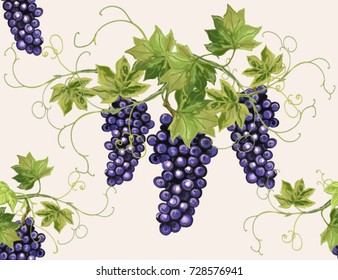 Hand drawn botanical vector seamless pattern with grape branches. Isolated on white background.