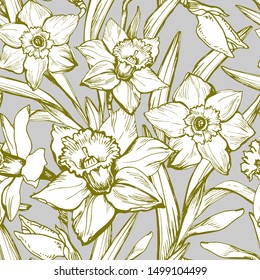 Hand drawn botanical vintage vector with narcissus, daffodils flowers. Elegant seamless floral texture background for wallpaper, fabrics, decor of interior, home textile, package. 