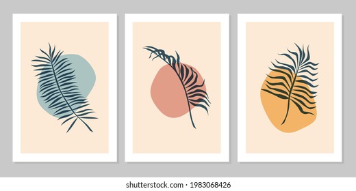 Hand drawn botanical wall art abstract set boho tropical leaf with color shape isolated on beige background. Vector flat illustration. Design for pattern, posters, invitation, greeting card 