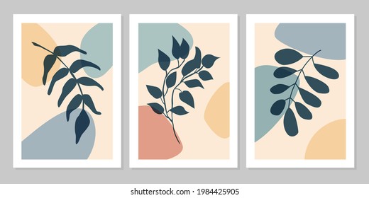 Hand drawn botanical wall art abstract set boho tropical leaf with color shape on beige background. Vector flat illustration. Floral  design for pattern, posters, invitation, greeting card 
