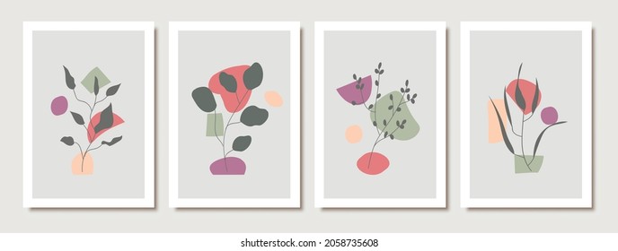 Hand drawn botanical wall art set. Foliage line art drawing with abstract shape for print, wallpaper,cover. Minimal and natural wall art. 
