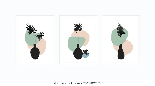 Pintura abstracta de arte botánico dibujada a mano conjunto boho hoja tropical con forma de color aislado en el fondo beige. Ilustración plana vectorial. Diseño para patrones, interiores, afiches, invitación, tarjeta de saludo