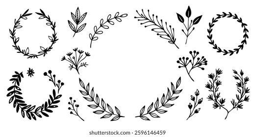 Hand drawn Botanical Wreath and elements Vector