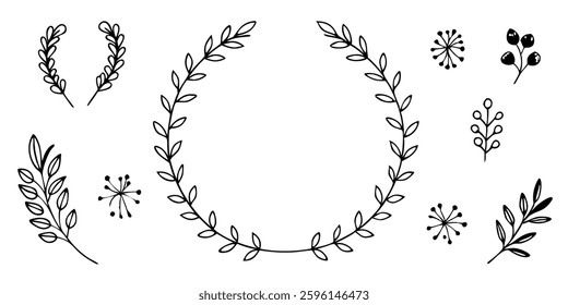 Hand drawn Botanical Wreath and elements Vector