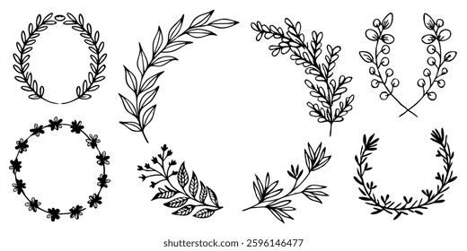 Hand drawn Botanical Wreath and elements Vector