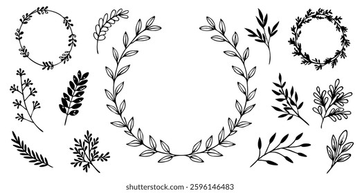 Hand drawn Botanical Wreath and elements Vector