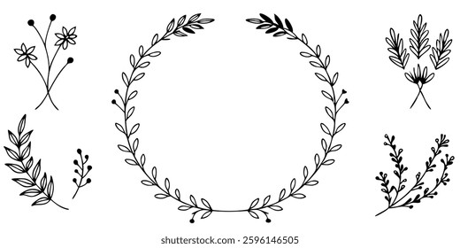 Hand drawn Botanical Wreath and elements Vector