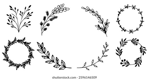 Hand drawn Botanical Wreath and elements Vector