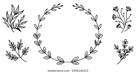 Hand drawn Botanical Wreath and elements Vector