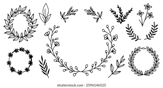 Hand drawn Botanical Wreath and elements Vector