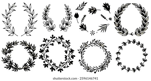 Hand drawn Botanical Wreath and elements vector
