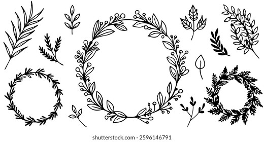 Hand drawn Botanical Wreath and elements vector